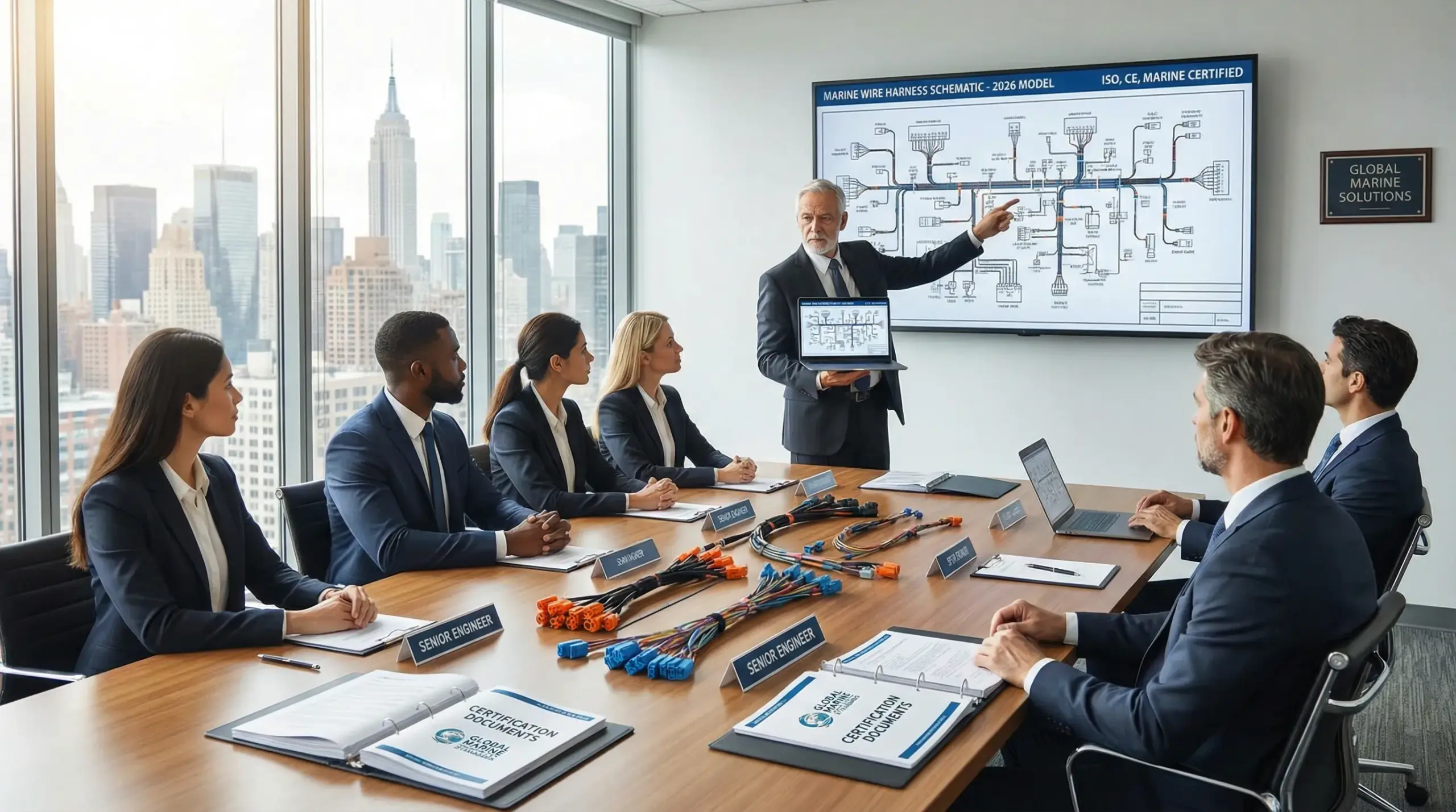 executive team reviewing marine wire harness schematics in a modern office