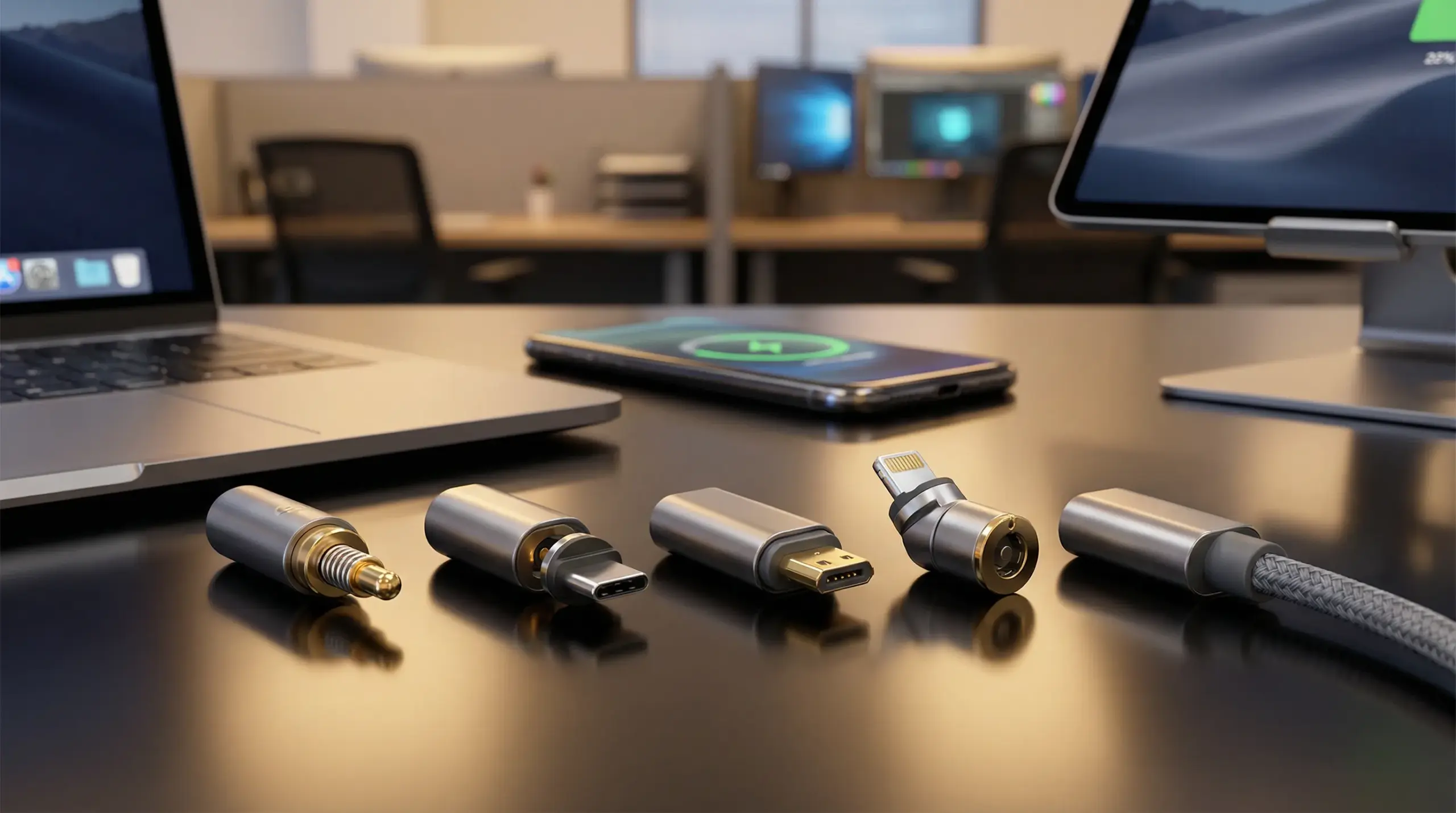 five magnetic cable connectors with devices on a modern office desk