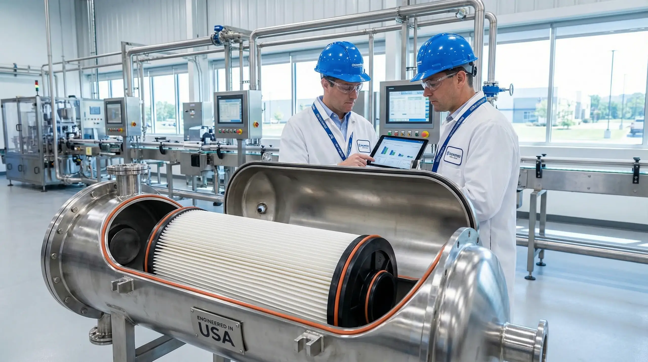 technicians examining an industrial cartridge filter in a modern facility